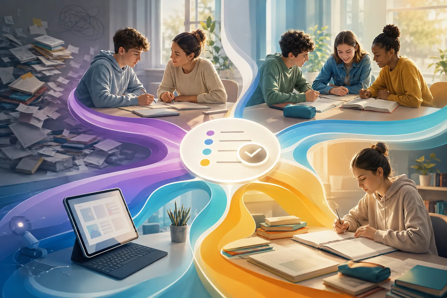 Illustration conceptuelle de plusieurs formes de soutien scolaire convergeant vers un plan d’aide simple et adapté.